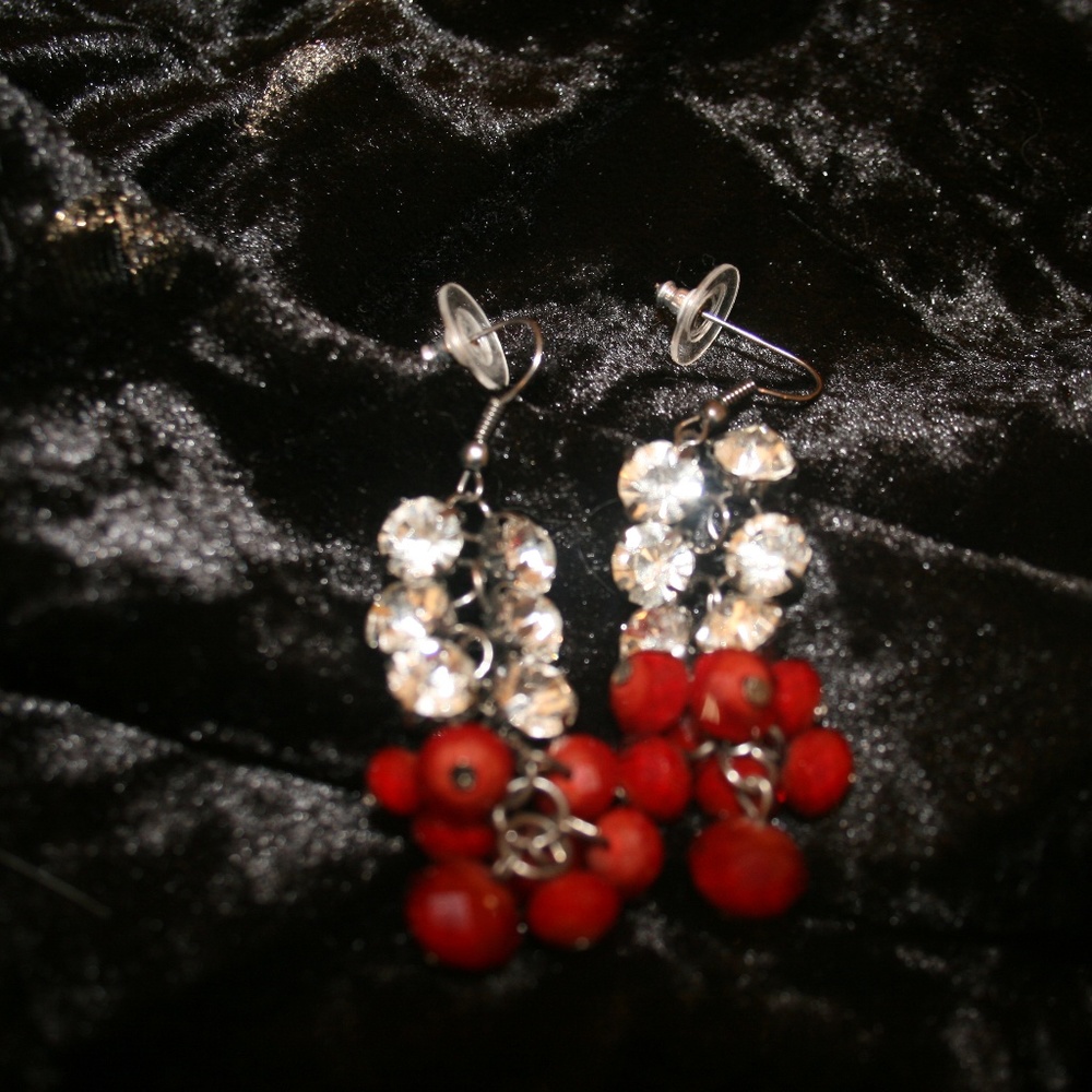 Red Bead and Faux Crystal Earrings